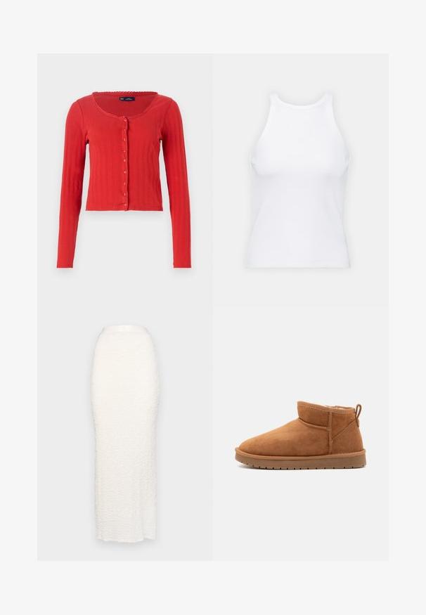 Cardigan rouge à côtes avec un col rond, des manches longues et une fermeture à boutons sur le devant, avec un laçage décoratif en forme de coquille au niveau du col.; Débardeur blanc sans manches en tissu côtelé, doté d'un col rond et d'une silhouette ajustée, avec des coutures minimales et sans ornements.; Gina Tricot STRUCTURE MAXI SKIRT - Jupe longue - white; Call it Spring JAMIELEE - Bottes de neige - camel