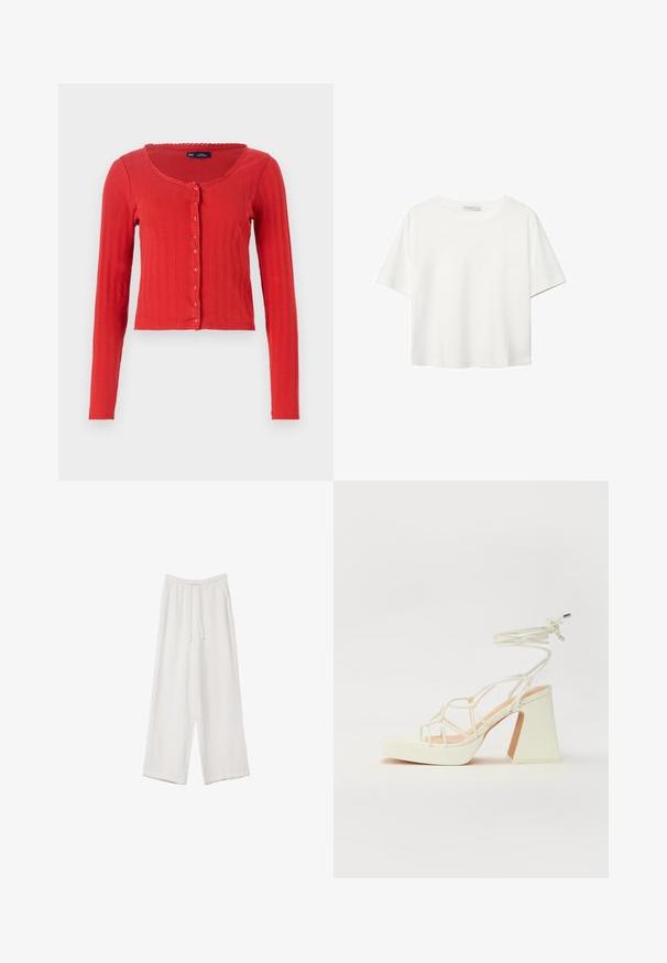 Red ribbed cardigan with a round neckline, long sleeves, and button closure along the front, featuring decorative scalloped trim at the neckline.; White short-sleeve t-shirt made of cotton. Features a crew neckline and a relaxed fit. Smooth texture with no visible patterns or accents.; White wide-leg trousers made from a lightweight fabric. Features an elastic waistband with a drawstring and side pockets. Smooth texture.; White high-heeled sandal with a chunky heel, featuring a strappy design and ankle tie. Smooth texture with a platform front for added height.