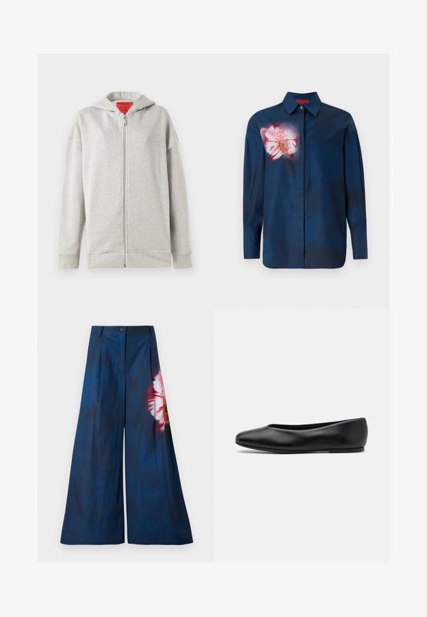 Light grey zip-up hoodie with a soft texture, featuring a front zipper and a hood. Simple design, no patterns or additional accents.; Navy blue shirt with a floral design in pink tones on the left chest, featuring a button-down collar and a single pocket on the front.; Wide-leg trousers in dark navy fabric, featuring a floral print in pink and yellow on one side, with a button closure at the waist.; Paul Smith TOPANGA - Ballet pumps - black