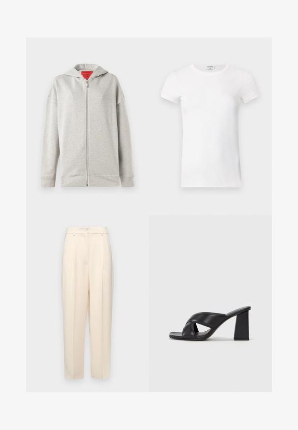 Gaišs pelēks rāvējslēdzēja džemperis ar mīkstu tekstūru, ar priekšējo rāvējslēdzēju un kapuci. Vienkāršs dizains, bez rakstiem vai papildu akcentiem.; Balts ribots īsām piedurknēm T-krekls ar apaļu kaklu. Audumam ir gluda virsma un tas ir pieguļošs. Zīmola etiķete redzama pie apkakles.; Beige pielāgotas bikses ar taisnu piegriezumu, priekšpusē ar krokām, gluda tekstūra un vidējas augstuma jostasvieta. Nav redzamu kabatu.; MAX&Co. SOHO - Augstpapēžu sandales - schwarz