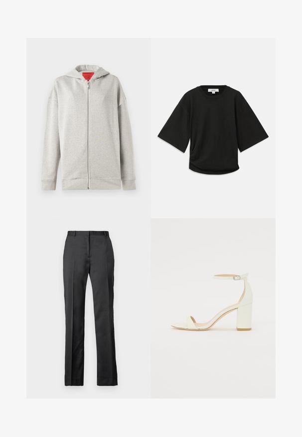 Hanorac zip-up de culoare gri deschis, cu o textură moale, având un fermoar frontal și glugă. Design simplu, fără modele sau accente suplimentare.; Tricou negru cu mânecă scurtă, fabricat din bumbac moale, cu un decolteu rotund și o croială lejeră, având un detaliu subtil plisat pe lateral.; Pantaloni negri măsurați, realizati dintr-un material neted. Au un design cu picior drept, față plată și detalii subtile de pliuri.; Sandal din piele albă cu toc bloc, având o curea la glezna cu cataramă și un design minimalist. Vârf deschis și texturi netede pe întreaga suprafață.