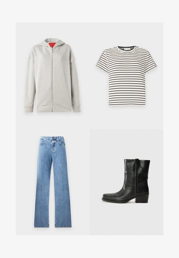 Lichtgrijze zip-up hoodie met een zachte textuur, voorzien van een voorrits en een capuchon. Eenvoudig ontwerp, zonder patronen of extra accenten.; Katoenen T-shirt met korte mouwen en een ronde hals, met zwarte verticale strepen op een witte achtergrond en een rechte snit.; Lichtblauwe denim jeans met een wijde pasvorm, vijf zakken, lussen voor een riem en een knoopsluiting. De stof heeft een gladde textuur.; Zwarte leren enkellaars met een ronde neus, blokhak, zijrits en stikselaccenten op de wreef. Gladde textuur, klassiek ontwerp.