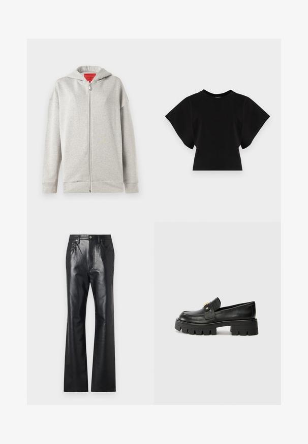 Svetlošedá mikina na zips s mäkkou textúrou, s predným zipsom a kapucňou. Jednoduchý dizajn, bez vzorov a ďalších akcentov.; Čierne skrátené tričko z bavlny s krátkymi, širokými rukávmi a okrúhlym výstrihom, so hladkou textúrou a minimalistickým dizajnom.; Čierne kožené nohavice s hladkou textúrou, rozšíreným strihom na nohách, predným zipsom a pútkami na opasok. Obsahujú jemné stehové detaily.; Čierne kožené mokasíny s masívnou podrážkou, s akcentom v zlatej farbe na prednej strane a hladkým povrchom. Na podrážke je výrazný dezén.