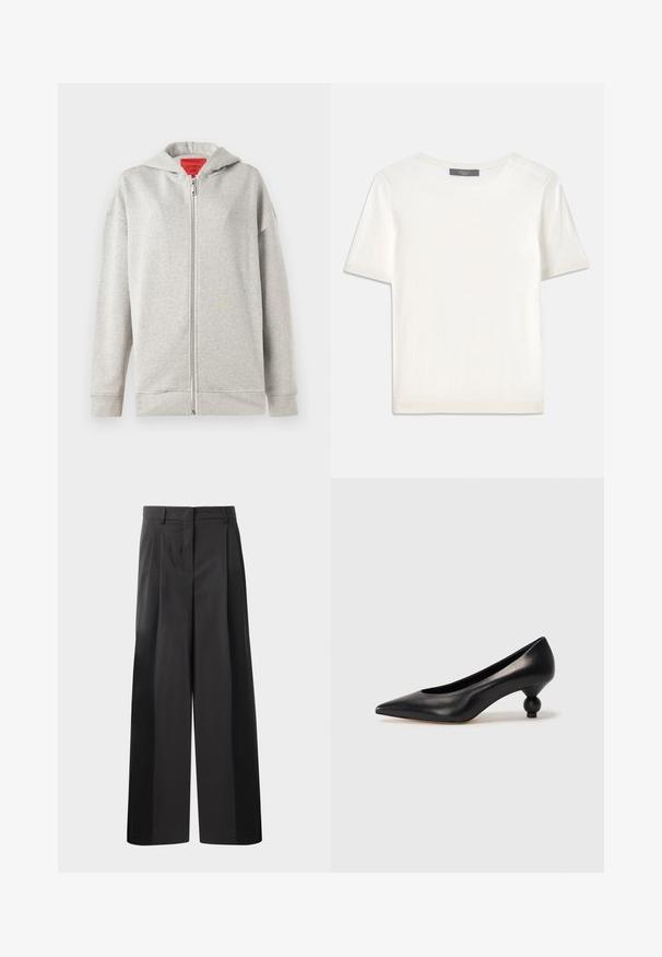 Lichtgrijze zip-up hoodie met een zachte textuur, voorzien van een voorrits en een capuchon. Eenvoudig ontwerp, zonder patronen of extra accenten.; Witte gebreide top met korte mouwen en een ronde halslijn, met een gladde textuur en subtiele ribgebreide accenten bij de mouwen en de zoom.; Zwarte wijde broek met hoge taille, met voorplooien, een gladde textuur en een nette afwerking. Ontworpen voor een ontspannen pasvorm.; Zwarte leren hoge hak schoen met een spitse neus en een ronde, bolle hak. Gladde textuur met een elegant, minimalistisch ontwerp.