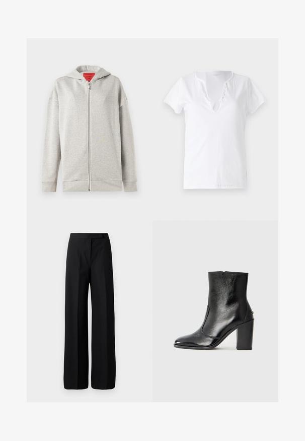Svijetlosiva dukserica s patentnim zatvaračem i mekanom teksturom, koja ima prednji zatvarač i kapuljaču. Jednostavan dizajn, bez uzoraka ili dodatnih akcenta.; Bijela pamučna majica kratkih rukava, opuštenog kroja i V-izrezom s pločicom koja sadrži pet dekorativnih gumbića.; Hlače širokih nogavica crne boje sa glatkom, mat teksturom. Ravan pojas bez vidljivih dodataka ili uzoraka. Jednostavan i elegantan dizajn.; Crna kožna čizma do gležnjeva s glatkom teksturom, špicastim vrhom i debelim visokim potpeticama. Ima bočni otvor i minimalistički dizajn.