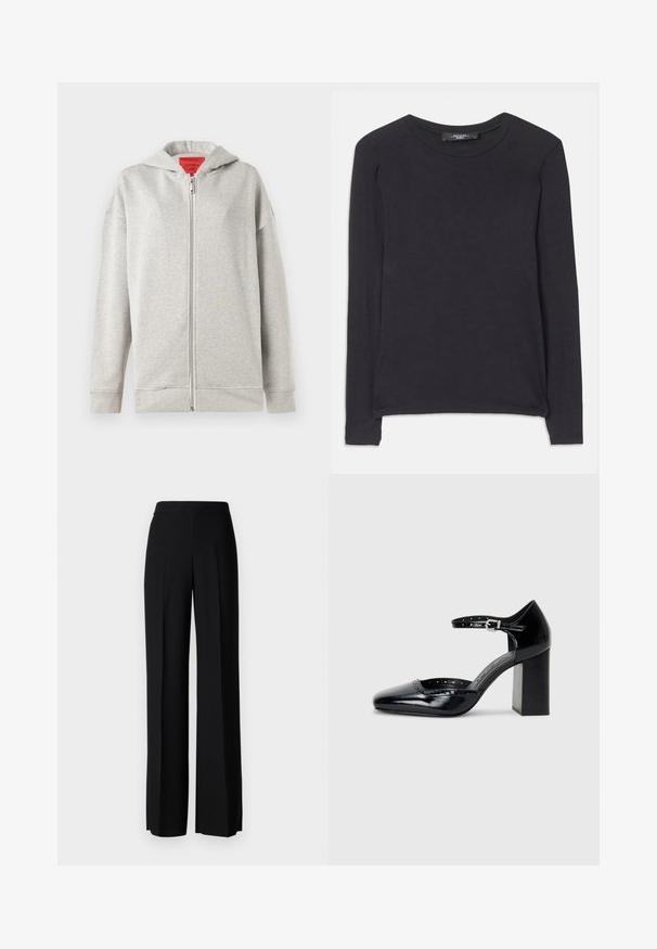 Hanorac zip-up de culoare gri deschis, cu o textură moale, având un fermoar frontal și glugă. Design simplu, fără modele sau accente suplimentare.; Cămașă neagră cu mânecă lungă și decolteu rotund, realizată dintr-un material moale. Prezintă un design simplu și detalii subtile de cusătură pe tiv.; Pantaloni negri cu picioare largi, cu o textură netedă, având o talie înaltă și pliseuri centrale. Fără modele vizibile sau detalii de hardware.; Pantofi cu toc înalt din piele lăcuită neagră, cu vârf pătrat, curea pentru gleznă și toc gros. Include detalii perforate de-a lungul marginii.