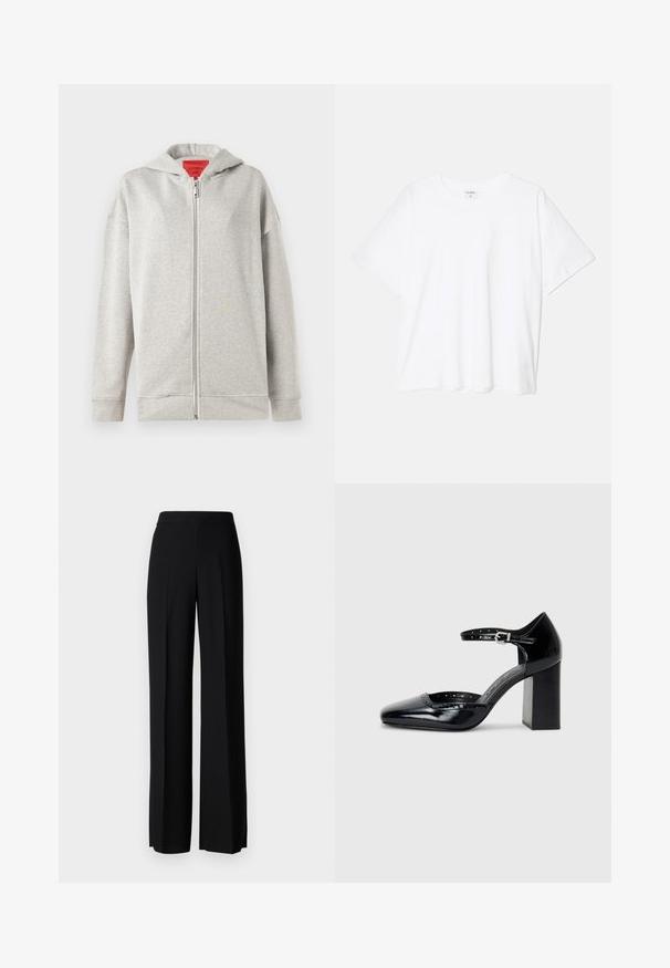 Heled hõbedane kapuutsiga jakk, millel on pehme tekstuur, ees tõmblukk ja kapuuts. Lihtne disain, ilma mustriteta või lisakaunistusteta.; Valge puuvillane T-särk lühikeste varrukatega, ümmargune kaelus, mugav lõige ja õmmeldud serv. Silt nähtav kaela seest.; Mustad laiad püksid mustas värvitoonis, sujuva tekstuuri ja kõrge vöökoha ning keskmiste voldikutega. Ilma nähtavate mustrite või tarvikute detailideta.; Mustad lakknahk kingad kõrge kontsaga, ruudukujulise varbaga, pahkluu rihmaga ja paksu kontsaga. Sisaldab perforatsioonidega detaile ääres.