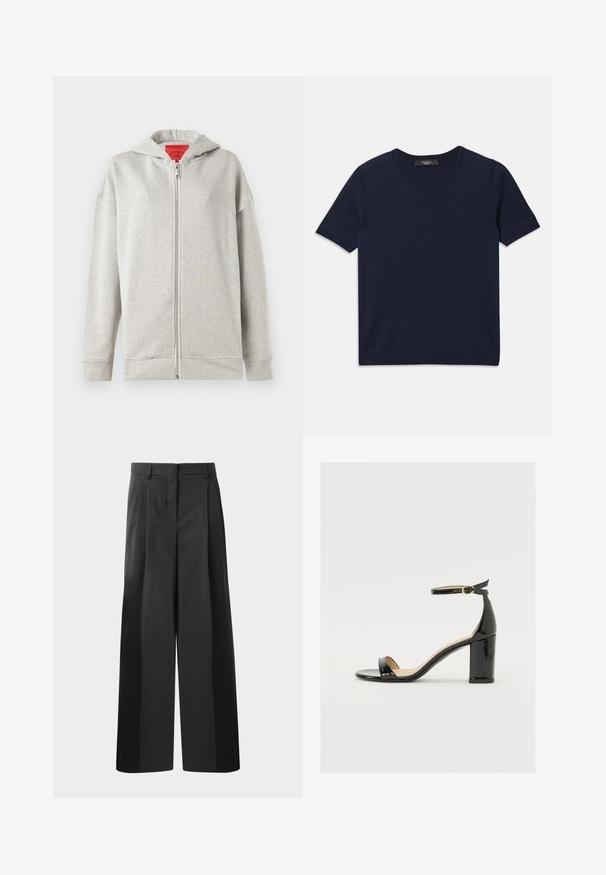 Ljusgrå zip-up hoodie med en mjuk textur, med dragkedja fram och en huva. Enkel design, inga mönster eller ytterligare detaljer.; Mörkblå t-shirt med kort ärm gjord av mjukt tyg, med rund halsringning och ribbade kanter, slät textur och utan synliga mönster.; Svarta byxor med vida ben och hög midja, med framveck, en slät textur och en skräddarsydd finish. Designade för en avslappnad passform.; Svart lacklädersandal med bred klack, öppen tå och ankelsnöre med ett gyllene spänne. Slät textur och elegant design.
