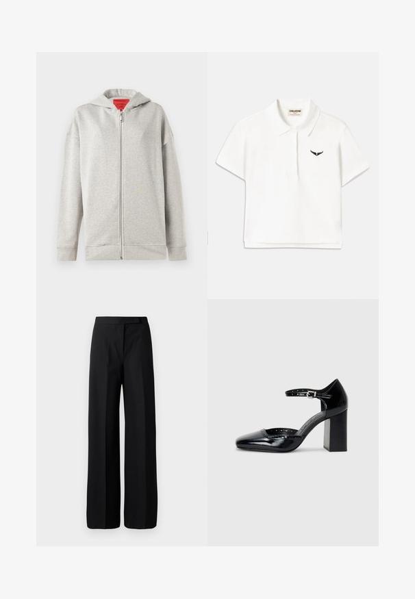 Haut de sweat zippé gris clair avec une texture douce, doté d'une fermeture éclair à l'avant et d'une capuche. Design simple, sans motifs ni accents supplémentaires.; T-shirt polo blanc à manches courtes, présentant un logo d'aile noir sur la poitrine gauche et un col classique. Tissu doux.; Pantalons noirs à jambe large avec une texture lisse et mate. Ceinture plate sans matériel ni motifs visibles. Design simple et élégant.; Chaussures à talons hauts en cuir verni noir avec un bout carré, une bride de cheville et un talon épais. Comprend des détails perforés le long du bord.