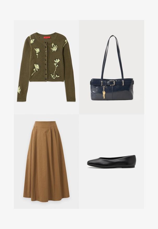 Olijfgroene gebreide cardigan met bloemenborduurwerk in lichtgroen en zwart, ronde halslijn, lange mouwen en knoopsluiting aan de voorkant.; Witte overhemd met knopen van glad katoen, met een klassieke kraag, lange mouwen en een afgeronde zoom. De knopen zijn klein en wit.; Bruine katoen A-lijn rok met een hoge taille, voorzien van plooien aan de voorkant en een gladde textuur. De zoomafwerking is schoon en eenvoudig.; Paul Smith TOPANGA - Ballerina's - black; Marine leren handtas met twee lange hengsels, een gespdetail en een sleutelhanger eraan bevestigd. Heeft een gladde textuur en een rechthoekige vorm.