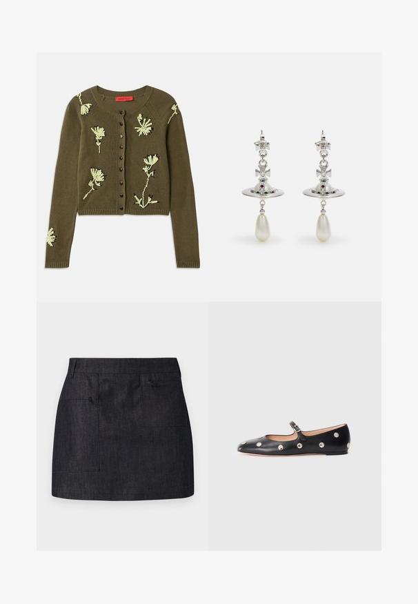 Olive green knit cardigan featuring floral embroidery in light green and black, round neckline, long sleeves, and button front closure.; White long-sleeve shirt with a fitted design. Features a large collar, front button closure with brown buttons, and a small embroidered logo.; Dark denim skirt with a straight cut, featuring two front pockets and subtle texture. Clean hemline and standard waistband design.; Black leather Mary Jane flat shoe with a rounded toe, featuring silver circular studs and an adjustable strap with a buckle.; Silver earrings featuring a circular hoop, adorned with sparkling stones and a teardrop pearl pendant. Distinctive design with intricate accents.