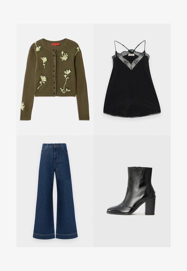 Olívazöld kötött kardigán, világoszöld és fekete virágmotívummal, kerek nyakkal, hosszú ujjakkal és gombos elülső záródással.; Fekete ujj nélküli blúz állítható pántokkal, csipkés, mély dekoltázzsal és hullámos szegéllyel. Simább anyag enyhe fényességgel.; Magas derekú, széles lábú kék farmernadrág, gombos záródással, övhurkokkal és diszkrét varrási részletekkel a zsebeknél és a szegélyeknél.; Fekete bőr bokacipő sima textúrával, hegyes orral és vastag, magas sarkával. Oldalnyílással és minimalista dizájnnal rendelkezik.