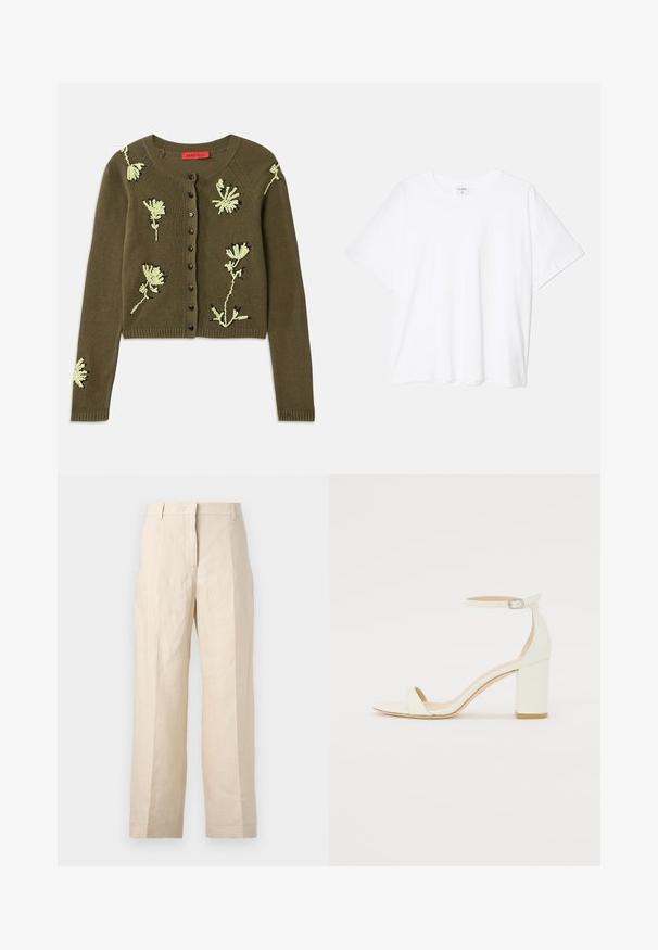 Olīvu zaļš adīts kardigans ar ziedu izšuvumu gaiši zaļā un melnā krāsā, apaļa apkakle, garas piedurknes un pogu aizdare priekšpusē.; Balta kokvilnas T-krekls ar īsām piedurknēm, apaļu dekoltē, brīva piegriezuma un šūtu apakšmalu. Etiķete redzama iekšējā kakla daļā.; Bežīgas lina bikses ar brīvu piegriezumu, krokām priekšā un taisnām kājām. Piedāvā jostu ar cilpiņām un bez redzamām kabatām.; Balts ādas blokpārklājs ar siksniņu ap potīti, kurai ir sprādze un minimālistisks dizains. Atvērta purna un gludas virsmas visā apavā.