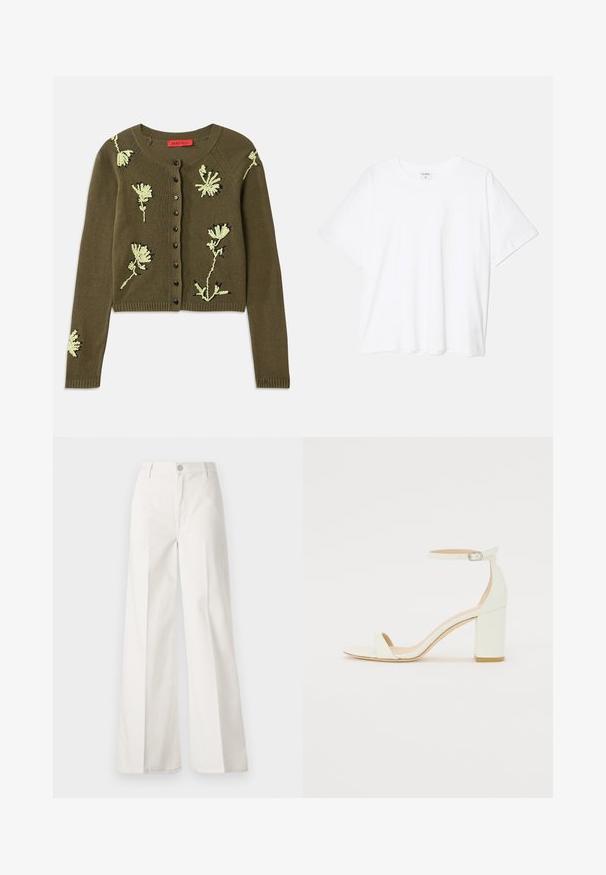 Olivově zelený pletený kardigan s květinovou výšivkou v světle zelené a černé, kulatým výstřihem, dlouhými rukávy a zapínáním na knoflíky.; Bílý bavlněný tričko s krátkým rukávem, kulatým výstřihem, volným střihem a šitým lemem. Nálepka viditelná na vnitřní straně výstřihu.; Bílé volné kalhoty vyrobené z bavlny s hladkou texturou. Obsahují přední knoflík, zip a design se čtyřmi kapsami.; Bílé kožené sandály na blokovém podpatku s ankle strapem a přezkou, minimalistický design. Otevřená špička a hladké textura po celém povrchu.