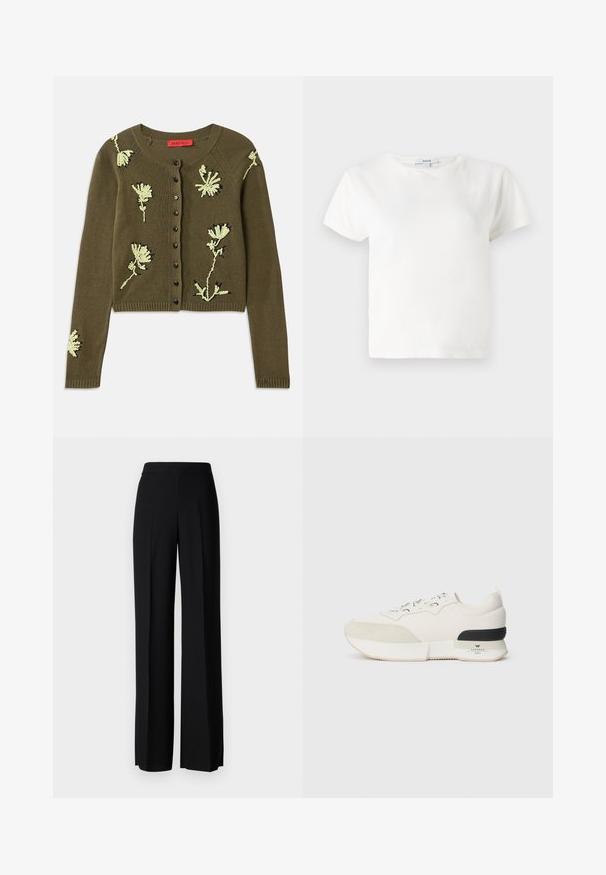 Olive green knit cardigan featuring floral embroidery in light green and black, round neckline, long sleeves, and button front closure.; White cotton t-shirt with short sleeves, round neckline, and a relaxed fit. Tag visible at the collar, smooth texture. Simple design, no patterns.; Black wide-leg trousers with a smooth texture, featuring a high waistband and center pleats. No visible patterns or hardware details.; White sneaker featuring a textured suede toe cap, smooth mesh upper, decorative laces, and a black rubber heel accent.