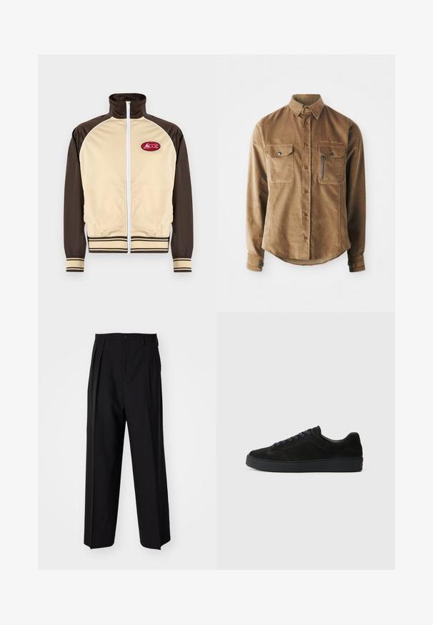 Beige og brun zip-up jakke med høj krave, stribede mansjetter og nederkant, der har et rundt mærke med et rødt design på venstre brystområde.; Brun corduroy skjorte med knapkrave, to brystlommer og en lynlåslomme på venstre side. Knaplukning foran.; Sorte plisserede bukser med et lige, bred ben-design. Fremstillet af glat stof, med en knaplukning og bæltesløjfer.; Sort semsket sneakers med en flad, tekstureret sål, rund tå, seks snørrehuller og et minimalistisk design.