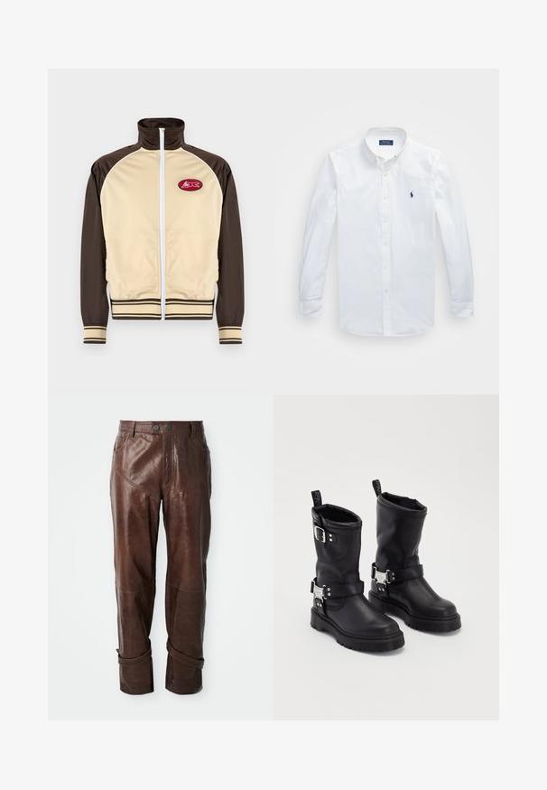 Veste zippée beige et marron avec col haut, poignets et ourlet rayés, featuring un patch rond avec un design rouge sur la zone gauche de la poitrine.; Chemise blanche à manches longues avec boutons en coton, présentant un col classique et un petit logo bleu sur la poitrine gauche.; Pantalons en cuir marron avec une texture lisse, dotés de coutures diagonales, de deux poches avant et de poignets à boutons au niveau des chevilles.; Bottines en cuir noir avec une semelle robuste, dotées d'une sangle à boucle sur le côté et de quincaillerie décorative. Texture lisse avec une tirette.