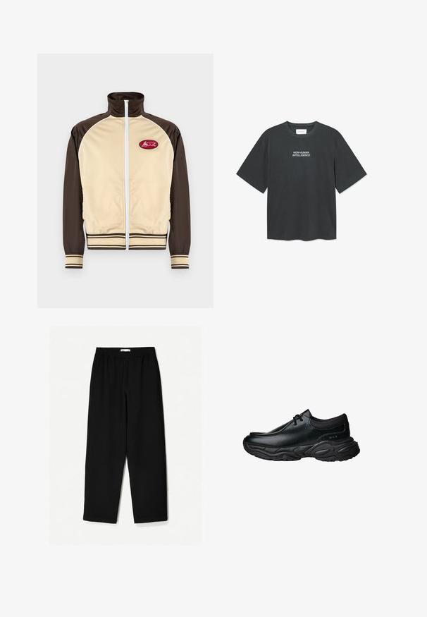 Bež in rjav zip-up jopič z visokim ovratnikom, črtastimi manšetami in robom, z okroglo nalepko rdeče zasnove na levi strani prsnega predela.; Temno siva bomba majica iz bombaža s kratkimi rokavi in okroglim izrezom, na sredini prsnega dela pa je bel napis "NE-ČLOVEŠKA INTELIGENCA".; Črne široke hlače iz lahkotnega materiala. Imajo elastičen pas in gladko teksturo. Brez vidnih vzorcev ali dodatkov.; Črne usnjene čevlje za enostavno obuvanje z zaobljenim nosom in debelim strukturiranim gumijastim podplatom. Imajo diskretne šive in elastične dodatke na ovratniku.