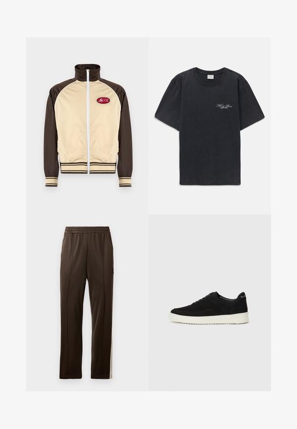 Bež in rjav zip-up jopič z visokim ovratnikom, črtastimi manšetami in robom, z okroglo nalepko rdeče zasnove na levi strani prsnega predela.; Črna majica s kratkimi rokavi in okroglo ovratnikom, z majhnim belim logotipom "Filling Pieces" na levi strani prsnega dela.; Bordaste trenirke z elastičnim pasom, stranskimi črtami v svetlejšem odtenku in žepom z manjšim logotipom. Gladka tekstura.; Črni semiš teniški copati z vezalkami in kontrastnim belim gumijastim podplatom. Imajo teksturirane stranske panele in subtilno oznako na peti.