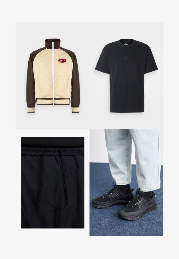 Giacca beige e marrone con zip, colletto alto, polsini e orlo a righe, caratterizzata da un patch rotondo con un design rosso nell'area del petto sinistro.; T-shirt in cotone nero della Nike con collo rotondo classico, maniche corte e un logo in rilievo discreto sul petto. Texture liscia.; Shorts neri con vita regolabile tramite coulisse, tessuto leggero con una texture liscia e un design semplice senza loghi o motivi visibili.; Scarpe sportive nere con tessuto testurizzato e suole in gomma, dotate di lacci elastici e un accento blu sul tallone. Indossate con pantaloni in denim chiaro.