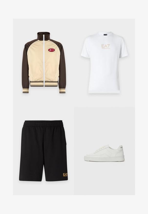 Jachetă crem și marron cu fermoar, guler înalt, manșete și tiv stripe, având o patch rotund cu un design roșu în zona stângă a pieptului.; Tricou alb din bumbac, cu guler rotund și mâneci scurte, având un logo auriu EA7 Emporio Armani imprimat pe față.; Shorts atletici negri dintr-un material moale, având o talie elastică și un mic logo galben EA7 pe partea inferioară a piciorului stâng.; Sneakers din piele albă cu un finisaj neted, vârf rotund, șireturi plate și o talpă texturată. Prezintă un logo subtil pe călcâi.