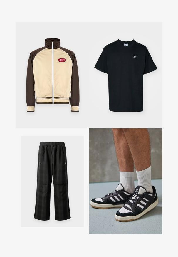 Jaqueta bege e castanha com fecho éclair, gola alta, punhos e barra listrados, apresentando um emblema redondo com um desenho vermelho na área do peito esquerdo.; T-shirt preta de algodão com gola redonda e mangas curtas, apresentando um pequeno logótipo branco da Adidas na área do lado esquerdo do peito.; Calças pretas em padrão xadrez com cintura elástica, dois bolsos frontais e um ajuste solto com design de perna reta. Feitas de material leve.; Ténis em preto e branco com upper em camurça e couro, apresentando três riscas brancas, um toe perfurado e uma sola em borracha de goma.