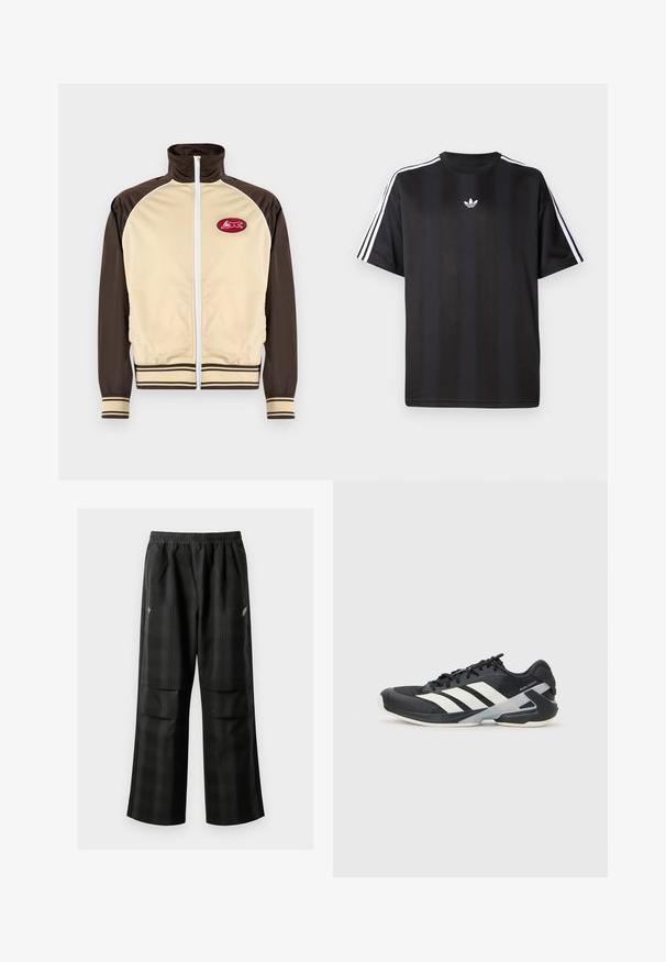 Chaqueta cremosa y marrón con cremallera y alto cuello, puños y dobladillo a rayas, que presenta un parche redondo con un diseño rojo en la parte izquierda del pecho.; Camiseta negra de manga corta con detalles de tres rayas blancas en los hombros y un pequeño logo blanco en el pecho. Textura de tela suave.; Pantalones de cuadros negros con cintura elástica, dos bolsillos frontales y un ajuste holgado con diseño de pierna recta. Fabricados en material ligero.; Zapatilla deportiva negra con franjas blancas, parte superior de malla, punta redondeada y suela acolchada. Presenta un talón texturizado y un sistema de cordones seguro.