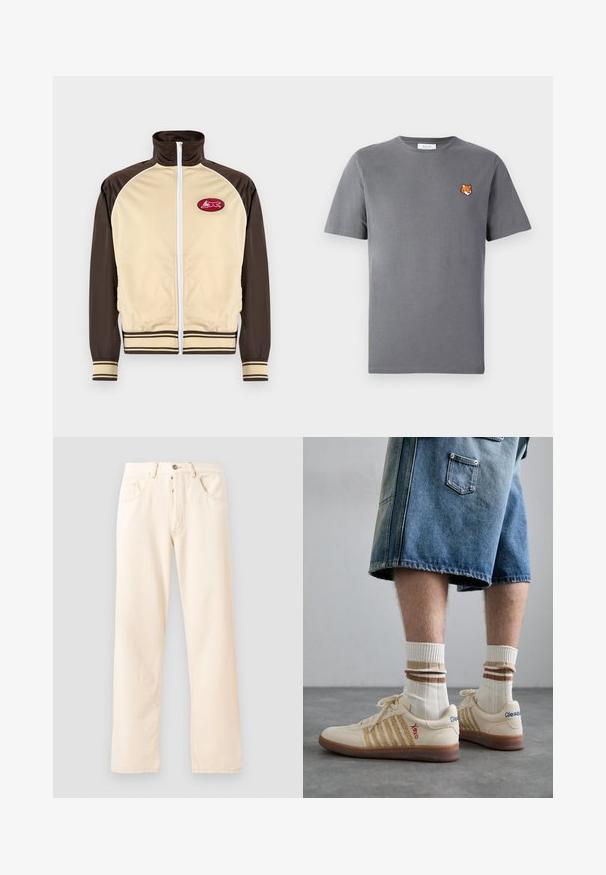 Vaaleanbeige ja ruskea vetoketjullinen takki, jossa on korkea kaulus, raidalliset hihansuut ja helma. Vasemmassa rinnassa on pyöreä pahvikuvio punaisella designilla.; Harmaa puuvillapaita, jossa on pieni oranssi supikoiran pään kirjonta vasemman rinnan yläpuolella. Pyöreä kaula-aukko, lyhyet hihat ja klassinen malli.; Vaaleanbeiget farkut, joissa on suora lahje, viisi taskua ja etupainikekiinnitys. Ompeleet näkyvät saumoissa.; Beige retro lenkkarit ruskealla kumipohjalla, joissa on raidalliset yksityiskohdat ja brodeeratut logot. Yhdistetty valkoisten sukien kanssa, joissa on ruskeat raidat.