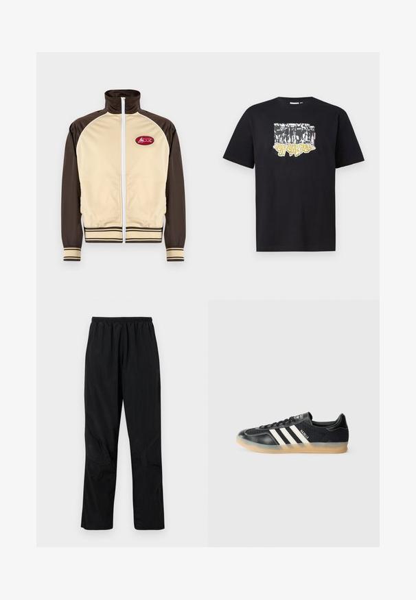 Béžová a hnědá zipová bunda s vysokým límcem, pruhovanými manžetami a lemem, s kulatou nášivkou s červeným designem na levé části hrudi.; Černé bavlněné tričko s grafickým potiskem v bílé a žluté barvě, s textem "IRON LIKE HELL" a designem siluet.; Černé nylonové kalhoty s elastickým pasem, s lehkým, strukturovaným povrchem a švy pro moderní design.; Černé sportovní tenisky s bílými pruhy, texturovaná látka, hladká kožená špička a gumová podrážka. Obsahují logo na jazyku.