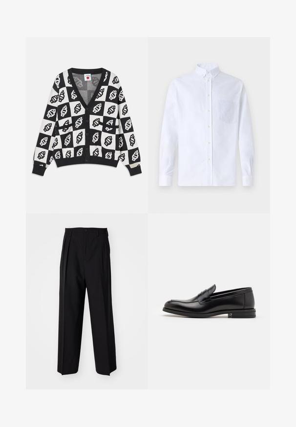 Schwarz-weiße, verkürzte Strickjacke mit V-Ausschnitt, ausgestattet mit einem geometrischen Muschel-Muster, Knopfverschluss und zwei Fronttaschen. Weiche Strickstruktur.; Weißes Langarm-Hemd mit Knöpfen aus Baumwolle, ausgestattet mit einer Brusttasche mit tonalem Stickerei, einem Kragen und Knopfmanschetten.; Schwarze, plissierte Hose mit geradem, weitem Bein. Hergestellt aus glattem Stoff, mit Knopfverschluss und Gürtelschlaufen.; Schwarze Lederloafers mit glatter Textur, rundem Zehenbereich und einem dekorativen Riemen über dem Vorderfuß. Niedriger, gestapelter Absatz, minimalistisches Design.