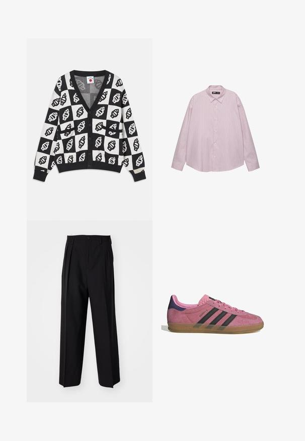 Valkoinen ja musta lyhennetty neuletakki, jossa on V-kaula-aukko, geometristen simpukkakuviot, napitus ja kaksi etutaskua. Pehmeä neulepinta.; Vaaleanpunainen nappipaita, jossa on pystysuunnassa sinisiä raitoja, kauluspäällinen, pitkät hihat ja löysä istuvuus. Valmistettu sileästä kankaasta, jossa on hieno kiilto.; Mustat laskostetut housut, joissa on suora, leveä lahje. Valmistettu sileästä kankaasta, jossa on nappisuljenta ja vyölenkit.; Vaaleanpunaiset mokkanahkakengät mustilla raidoilla, kumipohjalla ja teksturoidulla purppurakorkealla. Varustettu nauhakiinnityksellä ja kohokuvioidulla brändäyksellä sivussa.