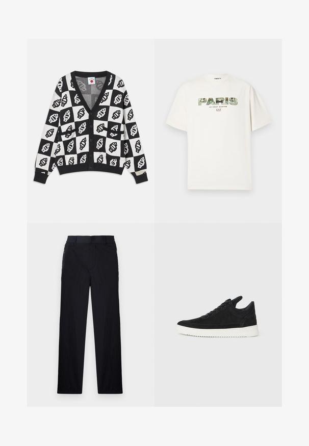 Musta-valkoinen neuletakki, jossa on ruutukuosi ja simpukkakuvioita. V-pääntie, pitkät hihat ja napillinen suljenta.; Valkoinen puuvillapaita, jossa on suuri graafinen printti "PARIS" camo-muotoilulla. Lyhyet hihat ja pyöreä kaula-aukko. Rentoa, väljä istuvuus.; Mustat housut, joissa on kevyt, teksturoitu kangas, suora lahje, joustava vyötärö ja sivuvetoketjupussit.; Mustat mokkasiinikenkiä valkoisella kumipohjalla, jossa on sävy sävyyn ompelu ja nauhakiinnitys. Sujuva pinta ja moderni, virtaviivainen muoto.