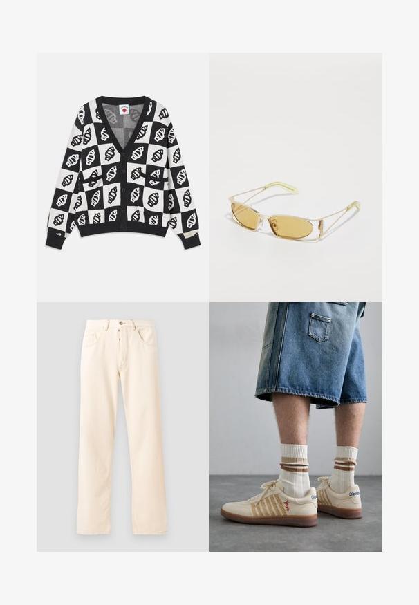 Zwart-wit geknipte cardigan met een V-hals, voorzien van een geometrisch schelp patroon, knoopsluiting en twee voorzakken. Zachte gebreide textuur.; Grijze katoenen t-shirt met een kleine borduurmotief van een oranje voskop boven de linkerkant van de borst. Ronde hals, korte mouwen en een klassieke pasvorm.; Lichtbeige denim jeans met een rechte pijp, vijf zakken en een sluiting met een knoop aan de voorkant. Stiksel zichtbaar langs de naden.; Beige retro sneakers met een bruine rubberen zool, met gestreepte accenten en geborduurde logo's. Draag ze met witte sokken met gestreepte bruine details.; Geel getinte zonnebril met een doorzichtig gouden montuur, slank rechthoekig ontwerp en hoekige armen met lichtgroene accenten.