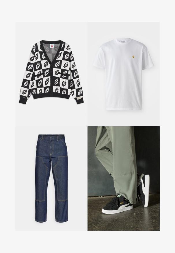 Black and white cropped cardigan with a V-neck, featuring a geometric shell pattern, button closure, and two front pockets. Soft knit texture.; White cotton t-shirt with short sleeves, crew neck, featuring a small gold logo on the left chest area. Soft texture and regular fit.; Dark blue denim jeans with a high waist, straight leg design, contrasting stitching, and patch pockets on the front.; Black suede sneakers with white rubber soles and side stripes, paired with light green cargo pants, standing on a textured dark surface.