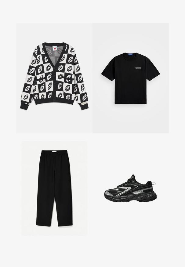 Cardigan scurt alb-negru cu decolteu în V, având un model geometric de scoici, închidere cu nasturi și două buzunare în față. Textură tricotată moale.; Tricou din bumbac negru cu guler rotund și mâneci scurte. Prezintă logo-ul "POLO SPORT" pe pieptul stâng, în alb. Croială standard.; Pantaloni negri, largi, confecționați dintr-un material ușor. Au o talie elastică și o textură netedă. Fără modele vizibile sau accesorii metalice.; Adidași atletici negri și argintii, cu un superior din plasă texturată, un design elegant și o talpă cu amortizare. Prezintă șireturi și un tab de prindere în spate.