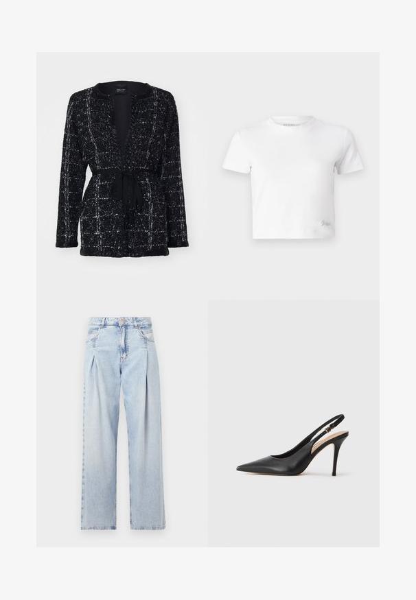 Marc Cain Kardigán - black; Fehér, rövid szabású, sima pamut póló, magas nyakkivágással és rövid ujjakkal. Kicsi hímzett logó az alsó sarokban.; Világoskék farmernadrág magas derekú, bő szabású, két oldalsó zsebbel és pliszírozott dizájnnal. Puha tapintású, elhalványított felület.; Fekete bőr, slingback stílusú, magassarkú cipő, hegyes orral, sima felülettel, és egy finom pánttal, amelyen fémből készült csat található.