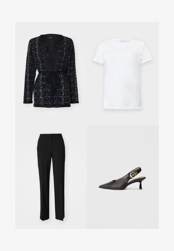 Marc Cain Kardigan - black; Valge lühikeste varrukatega T-särk, valmistatud puuvillast, ümmarguse kaelusega. Sile tekstuur ja sirge lõige, ilma mustrite või aktsentideta.; Mustad ja sirged püksid, millel on sile tekstuur ja teravad voldid esiosas. Ilma nähtavate detailideta.; Must mustan kõrge kontsaga king, millel on terav nina, sile nahk ja kuldne klambriga aksessuaar rihmal.