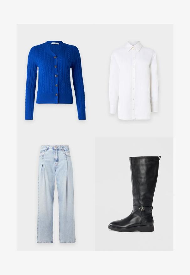 pure cashmere CLASSIC CABLE CARDIGAN - Adīta jaka - royal blue; Balts linu krekls ar norādītu apkakli, garām piedurknēm un pogu aizdariem. Iezīmē relaksētu piegriezumu un gludu tekstūru.; Gaiši zilas džinsu bikses ar augstu jostasvietu, plats kāju griezumu, divām sānu kabatām un krokotā dizaina akcentiem. Mīksta tekstūra ar izdilušu apdari.; Melnas ādas ceļgala auguma zābaki ar zemu papēdi, apaļu purngalu un metāla "CK" logo sprādzi ap potīti.