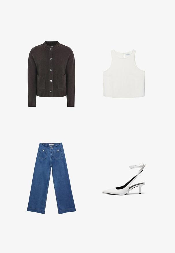 Brauner Strickcardigan mit rundem Halsausschnitt, fünf blauen Knöpfen, geripptem Saum und zwei aufgesetzten Taschen vorne. Weiche Textur überall.; Weißes ärmelloses Oberteil mit rundem Halsausschnitt, das über eine subtile Textur, ein Schlüsselaugen-Rückendetail und einen geraden Saum verfügt.; Denim-Hosen im weiten Schnitt mit einer mittleren blauen Waschung, zwei Vordertaschen mit Knopfverschluss und genähten Details entlang der Säume.; Weiße Slingback-Absätze mit spitzer Zehenpartie und dünnem Knöchelriemen. Glattes Leder, dünner Stiletto-Absatz und schwarze Innenauskleidung.