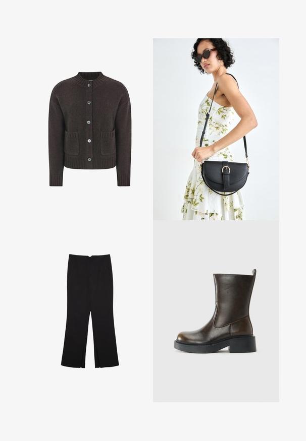 Ruskea neulottu neuletakki, jossa on pyöreä pääntie, viisi sinistä nappia, ribbireunus ja kaksi etutaskua. Pehmeä rakenne kauttaaltaan.; Mustassa pitkähihaisessa paidassa on sileä kangas, terävä kaulus, nappisuljenta edessä ja kaksi etutaskua.; Mustat housut suoralinjaisella leikkauksella, joissa on etutaskut ja sivurei'ät helman alla. Valmistettu pehmeästä ja sileästä kankaasta. Sopii eri tilaisuuksiin.; Tummanruskea keskipituinen nahkasaapas pyöreällä varvaskappaleella, paksulla mustalla pohjalla, matalalla blokkikannalla ja vetotapilla takana.; Musta nahkainen käsilaukku, joka on kaareva muotoilultaan, irrotettavalla hihnalla ja kultaisilla yksityiskohdilla. Laukussa on läppä, jossa on solk yksityiskohta.