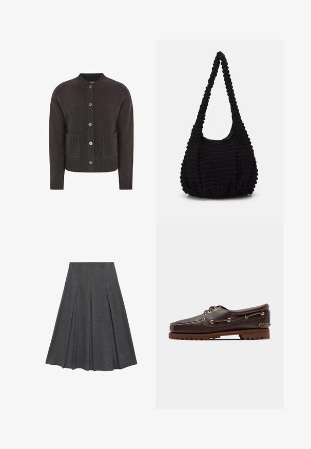 Hnědý pletený cardigan s kulatým vykrojením, pěti modrými knoflíky, ribovaným lemem a dvěma předními kapsami. Měkká textura po celém povrchu.; Zkrácená košile na knoflíky s modro-bílými vertikálními pruhy a texturovaným povrchem, s špičatým límcem a manžetami na jeden knoflík.; Šedá plisovaná sukně s rozšířeným tvarem, vyrobená z měkké látky. Disponuje vertikálními plisováními a hladkým pasem pro přiléhavý vzhled.; Hnědé kožené lodní boty se zlatými očky, kulatými tkaničkami a texturovanou hnědou gumovou podrážkou. Obsahují zašitý detail a vyvýšené logo.; Černá texturovaná látková taška s jedním stočeným popruhem, s nadýchaným tvarem a nařaseným povrchem.