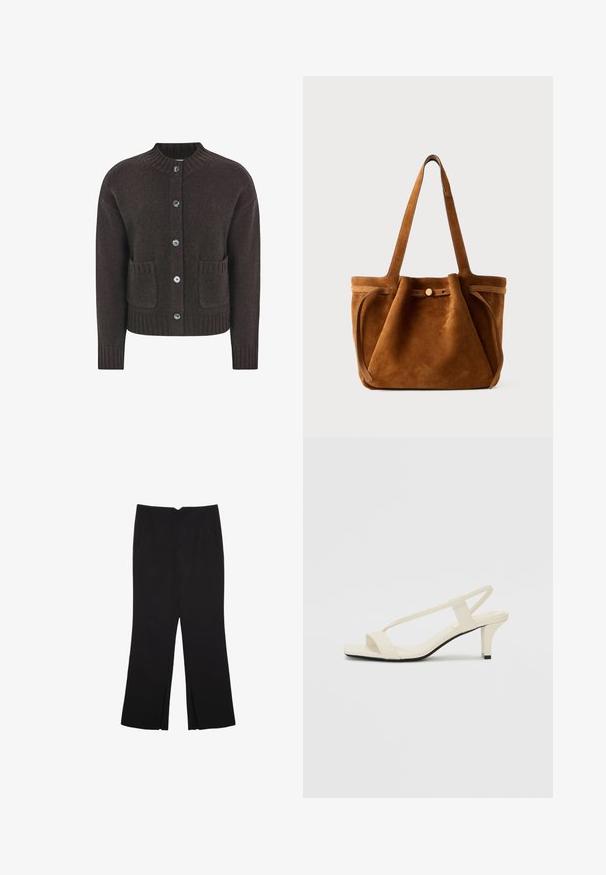 Brauner Strickcardigan mit rundem Halsausschnitt, fünf blauen Knöpfen, geripptem Saum und zwei aufgesetzten Taschen vorne. Weiche Textur überall.; Weißes T-Shirt mit kurzen Ärmeln aus Baumwolle. Hat einen Rundhalsausschnitt und eine lockere Passform. Glatte Textur ohne sichtbare Muster oder Akzente.; Schwarze Hose mit geradem Schnitt, ausgestattet mit Fronttaschen und Seitenschlitzen am Saum. Hergestellt aus weichem, glattem Stoff. Geeignet für verschiedene Anlässe.; Beige Blockabsatzsandalen mit dünnen Riemen und quadrater Spitze. Glattes Material mit minimalem Design, entworfen für einfaches Tragen.; Braune Wildleder-Umhängetasche mit zwei Griffen, einem Knopfverschlussriemen und einer entspannten, leicht schlaffen Form.