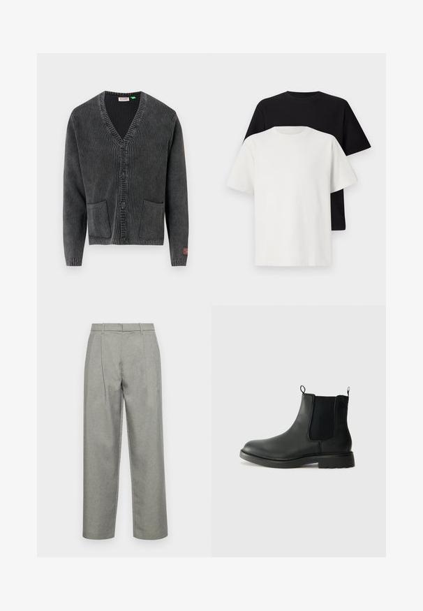 Dark gray ribbed knit cardigan with V-neck, four black buttons, two front pockets, and a small red label on the left sleeve cuff.; Cotton t-shirt set featuring a black top and a white top, both with short sleeves, round neckline, and standard fit. Textured fabric.; Gray tailored trousers made of textured fabric, featuring a straight-leg design, front pleats, and a standard waistband with belt loops.; Black leather chelsea boots with elastic side panels, pull tabs, rounded toe, and textured rubber sole. Smooth surface and sturdy design.