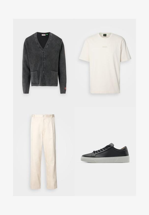 Tmavě šedý žebrovaný pletený kardigan s výstřihem do V, čtyřmi černými knoflíky, dvěma předními kapsami a malou červenou značkou na manžetě levého rukávu.; BOSS TEE - Jednoduché tričko - open white; Bežové bavlněné kalhoty se střihy rovného nohavice, s knoflíkovým zapínáním a záhyby vpředu pro zvýraznění detailu.; Černé kožené tenisky s hladkým povrchem, kulatou špičkou a černými šňůrkami. Disponují silnou bílou gumovou podrážkou s jemnými geometrickými akcenty.