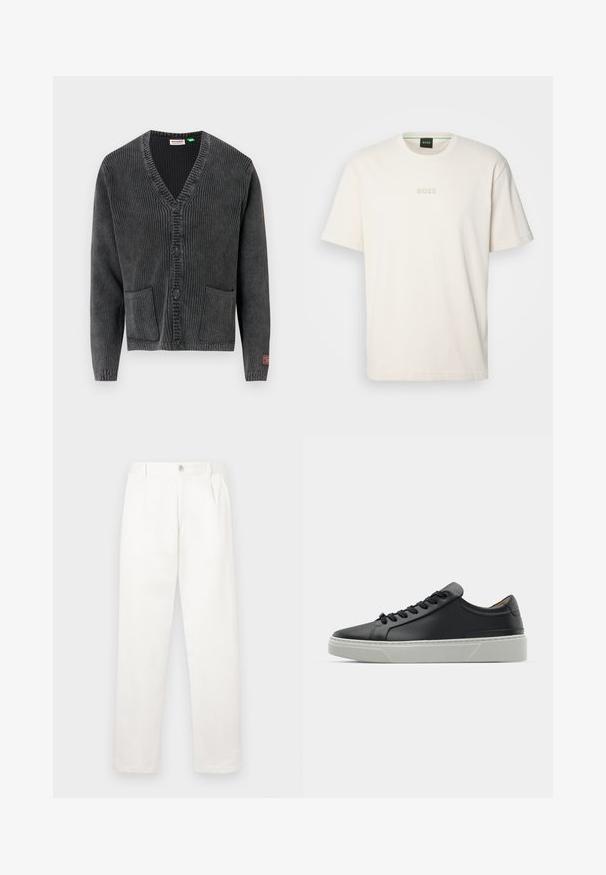 Tamnosivi prugasti pleteni kardigan s V-izrezom, četiri crna gumba, dvije prednje džepove i malom crvenom oznakom na manžeti lijevog rukava.; BOSS TEE - Osnovna majica kratkih rukava - open white; Bijele hlače izrađene od glatkog materijala, s ravnim krojem, prednjim nabora i jednim gumbom za zatvaranje u struku.; Crne kožne tenisice s glatkom teksturom, okruglim vrhom i crnim čipkastim vezicama. Imaju debeo bijeli gumeni potplat s suptilnim geometrijskim naglascima.