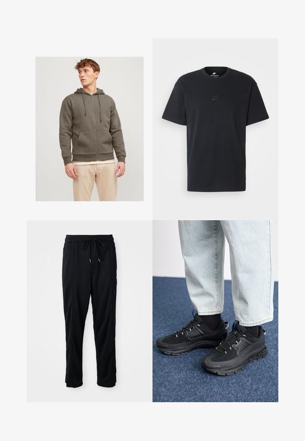 Jack & Jones JJEBRADLEY ZIP HOOD - Lukuga pusa - bungee cord; Nike musta mustast puuvillast T-särk klassikalise ümmarguse kaelusega, lühikeste varrukatega ja õrna, reljeefse logoga rinnal. Sile tekstuur.; Mustad nööridega vööga igapäevased mustad püksid, külgseamipocketid ja sirge sääre lõikega, ühtlasel taustal.; Mustad mustad jooksukingad, millel on tekstureeritud kangas ja kummist tallad, elastsed nöörid ning sinine aksent kandadel. Kandmine heledate teksadega.