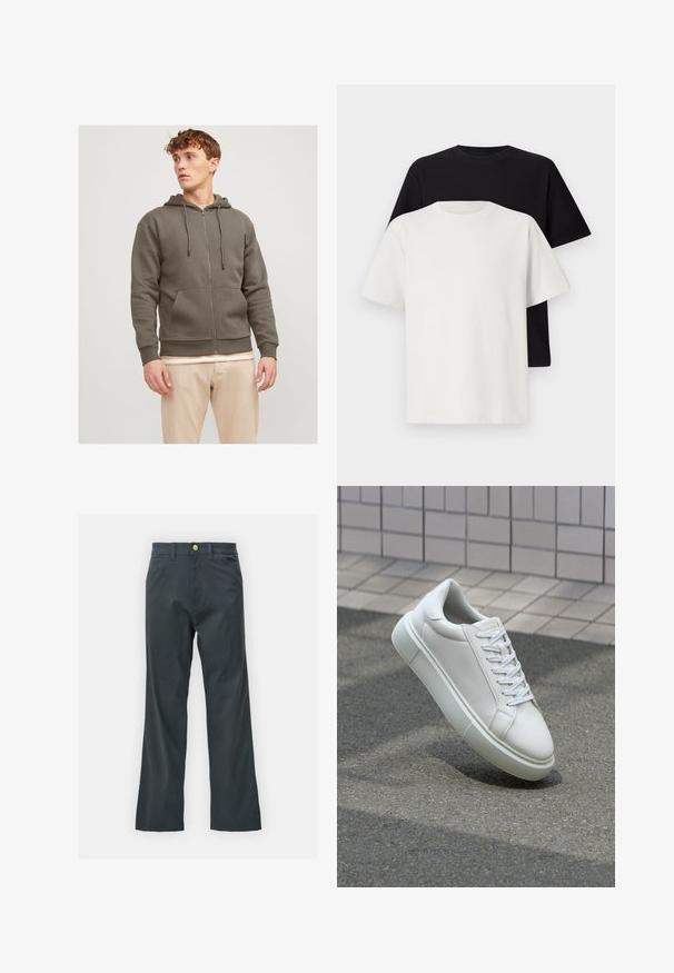 Jack & Jones JJEBRADLEY ZIP HOOD - Mikina so zipsom - bungee cord; Bavlnená súprava tričiek, ktorá obsahuje čierne tričko a biele tričko, obe s krátkymi rukávmi, okrúhlym výstrihom a štandardným strihom. Textúrovaná látka.; Čierne nohavice so straight leg strihom, vyrobené z bavlnenej zmesi. Majú kovové zapínanie a bočné vrecká. Bez viditeľných vzorov.; Biele kožené tenisky s hladkým povrchom, okrúhlym špičkou a plochými bielymi šnúrkami. Obsahuje štruktúrovanú gumovú podrážku a minimalistický dizajn.