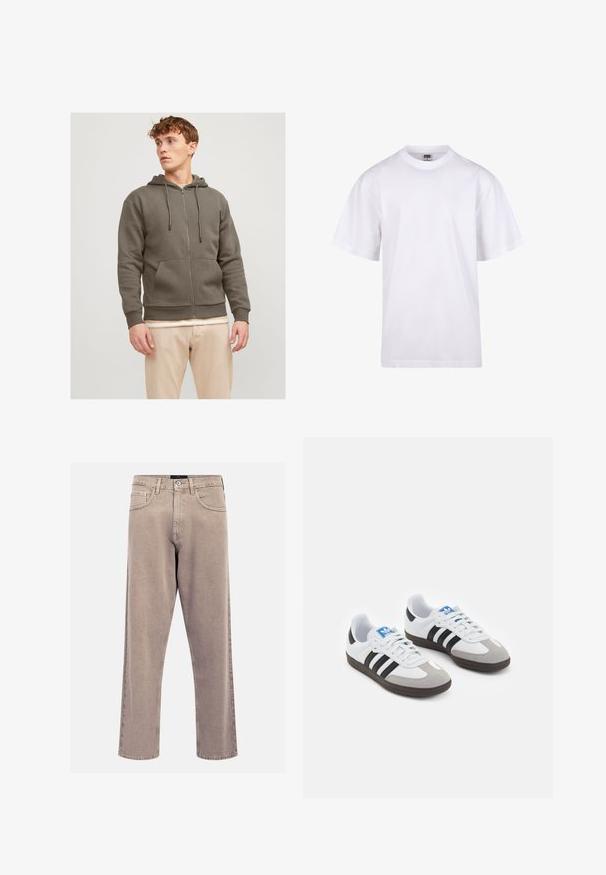 Jack & Jones JJEBRADLEY jasny brąz; Biała bawełniana koszulka z okrągłym dekoltem, krótkimi rękawami i luźnym krojem. Posiada prosty design bez wzorów czy akcentów.; Beżowe dżinsy o prostym kroju, wykonane z denimu, z klasycznym pięciopocketowym wzorem, przeszyciami oraz wykończeniem dolnej krawędzi.; Buty sportowe z białą skórzaną cholewką, szarym zamszowym noskiem i trzema czarnymi paskami. Posiadają niebieskie logo na języku oraz teksturowaną gumową podeszwę.