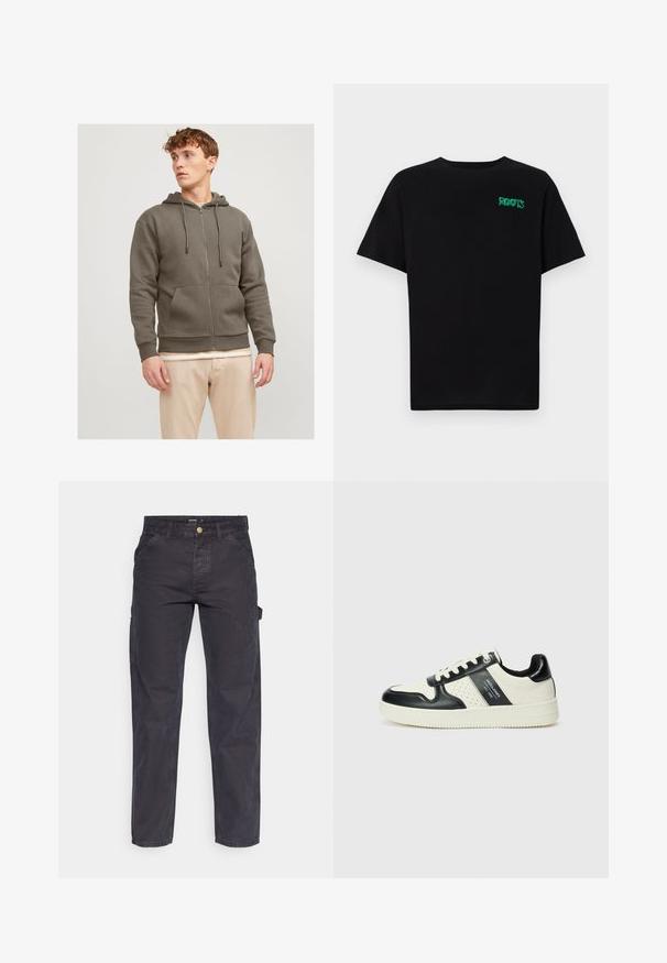 Jack & Jones JJEBRADLEY ZIP HOOD - Sweatjacke - bungee cord; Schwarzes T-Shirt aus Baumwolle mit kurzen Ärmeln. Auf der Vorderseite befindet sich ein grünes "ROOTS"-Logo, es hat einen runden Halsauschnitt und eine normale Passform.; Dunkelgraue Cargo-Hosen aus strapazierfähigem Stoff, mit geradem Bein, fünf Taschen und einem Knopfverschluss an der Taille.; Leder-Sneaker in Schwarz- und Cremetönen, mit perforierten Akzenten, einem gepolsterten Kragen und einer strukturierten Laufsohle.