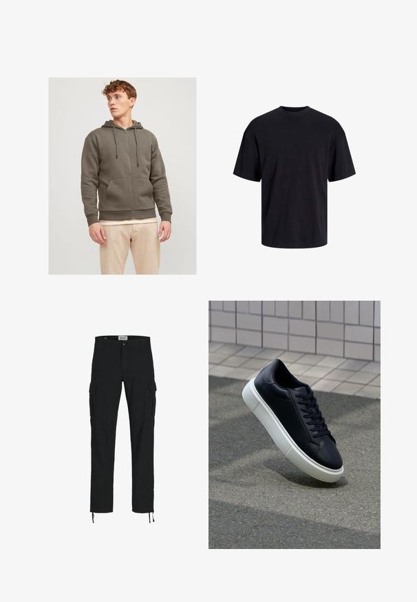 Jack & Jones JJEBRADLEY ZIP HOOD - Sweatjakke - bungee cord; Sort bomulds t-shirt med rund hals, korte ærmer og en afslappet pasform. Glat tekstur uden synlige mønstre eller accenter.; Sorte cargo bukser med lige snit, der har sidelommer, knaplukning og elastiske snore ved anklerne. Fremstillet af slidstærkt stof.; Sort lædersneaker med rund tå og hvid gummisål. Har flade snørebånd og minimal syning på overdelen. Tekstureret sål for bedre greb.